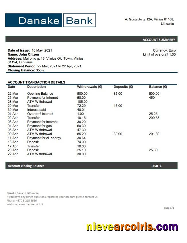 Lithuania (Litva) Danske Bank statement